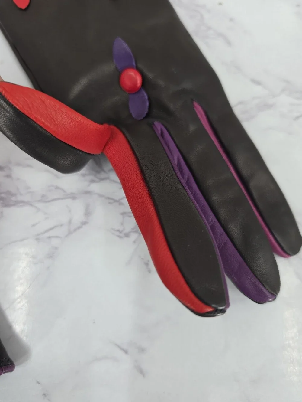 Vintage Black Leather Gloves with Purple & Red Accent Dress Or Driving Gloves